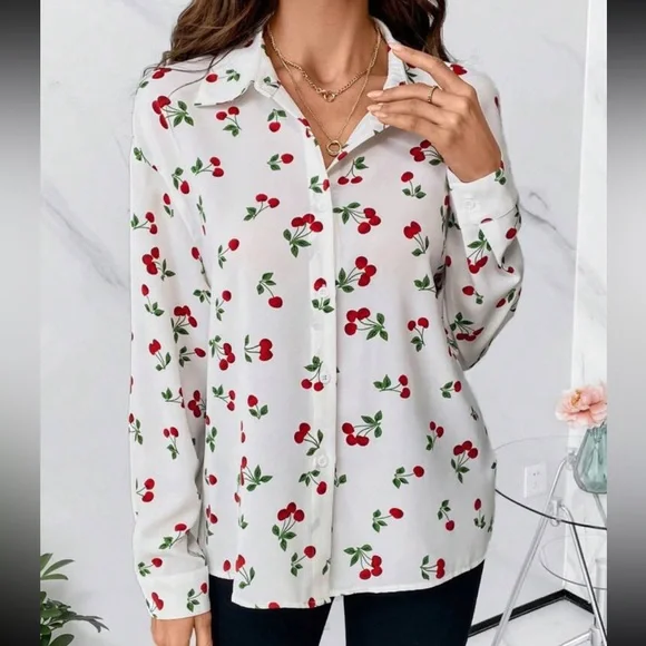 Classic Work Cherry Print Office Top Button Down Up Shirt Blouse White Red - Picture 4 of 5